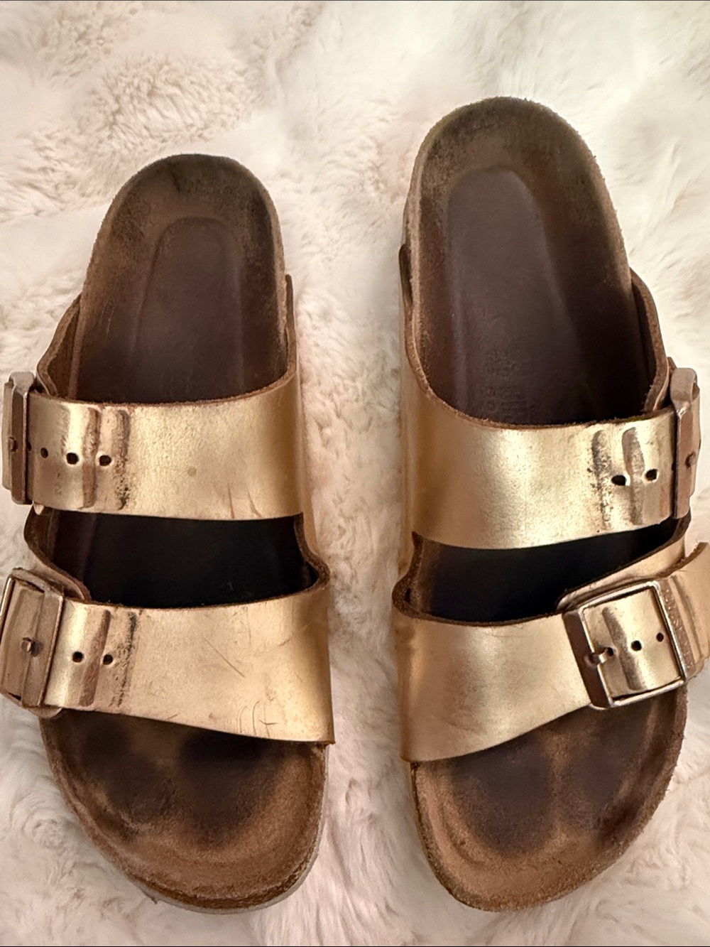 Birkenstock Metallic Rose  Gold Double Buckle Slide Sandals